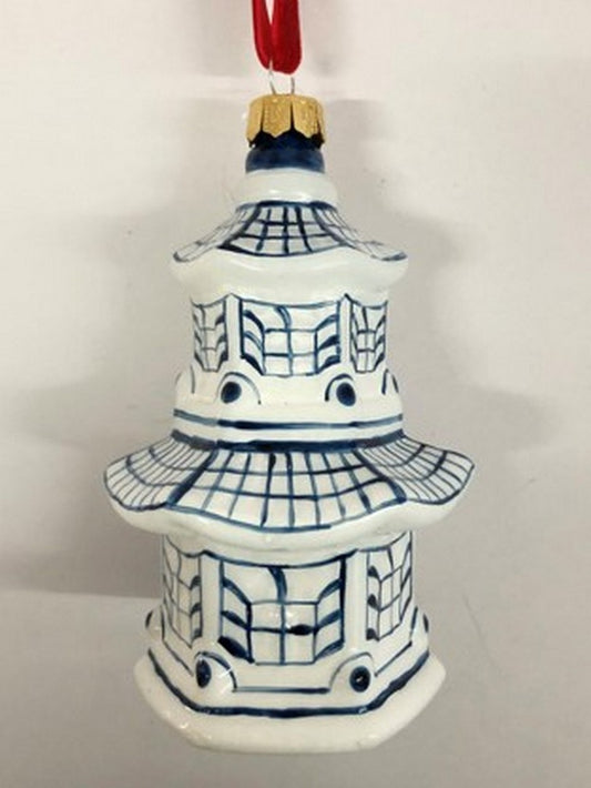 4.6” Blue And White Glass Pagoda Ornament