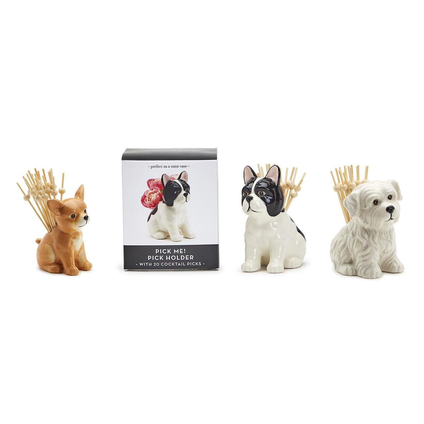 Dog Pick Holder with 20 Picks in Gift Box Assorted 3 Designs Westie, Chihuahua, Frenchie