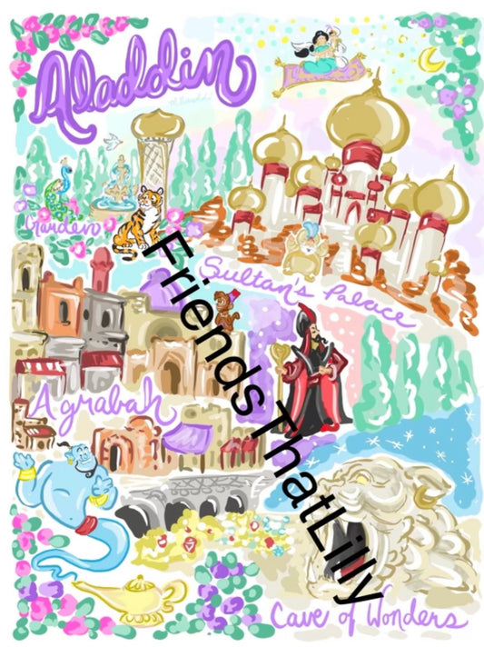 Women's T-Shirts: Aladdin Map Illustration Design