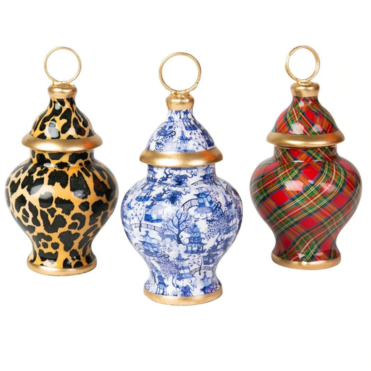 Assorted Ginger Jar Ornaments (Leopard, Garden Party Blue, Tartan)