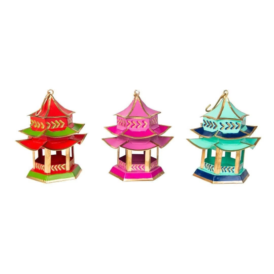 Handcrafted Pagoda Ornaments In Assorted Colors: Red, Blue or Pink
