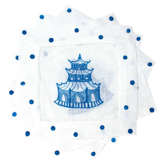 Blue Chinoiserie Pagoda Linen Cocktail Napkins *set of 4*