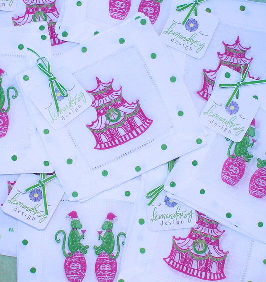 Chinoiserie Christmas Pink Pagoda Linen Cocktail Napkins *set of 4*