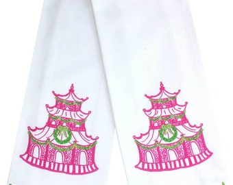 Chinoiserie Christmas Pink Pagoda Tea Towel