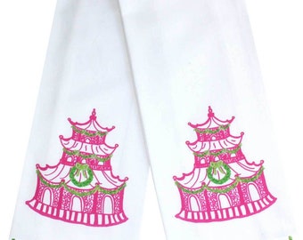 Set of 2: Chinoiserie Christmas Pink Pagoda Tea Towel