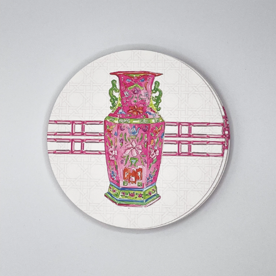 Chinoiserie Vase Pink Round REVERSIBLE Coasters