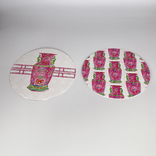 Chinoiserie Vase Pink Round REVERSIBLE Coasters