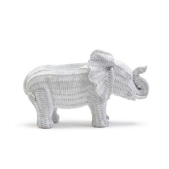 Faux Wicker Weave Pattern White Elephant Statuette Cachepot