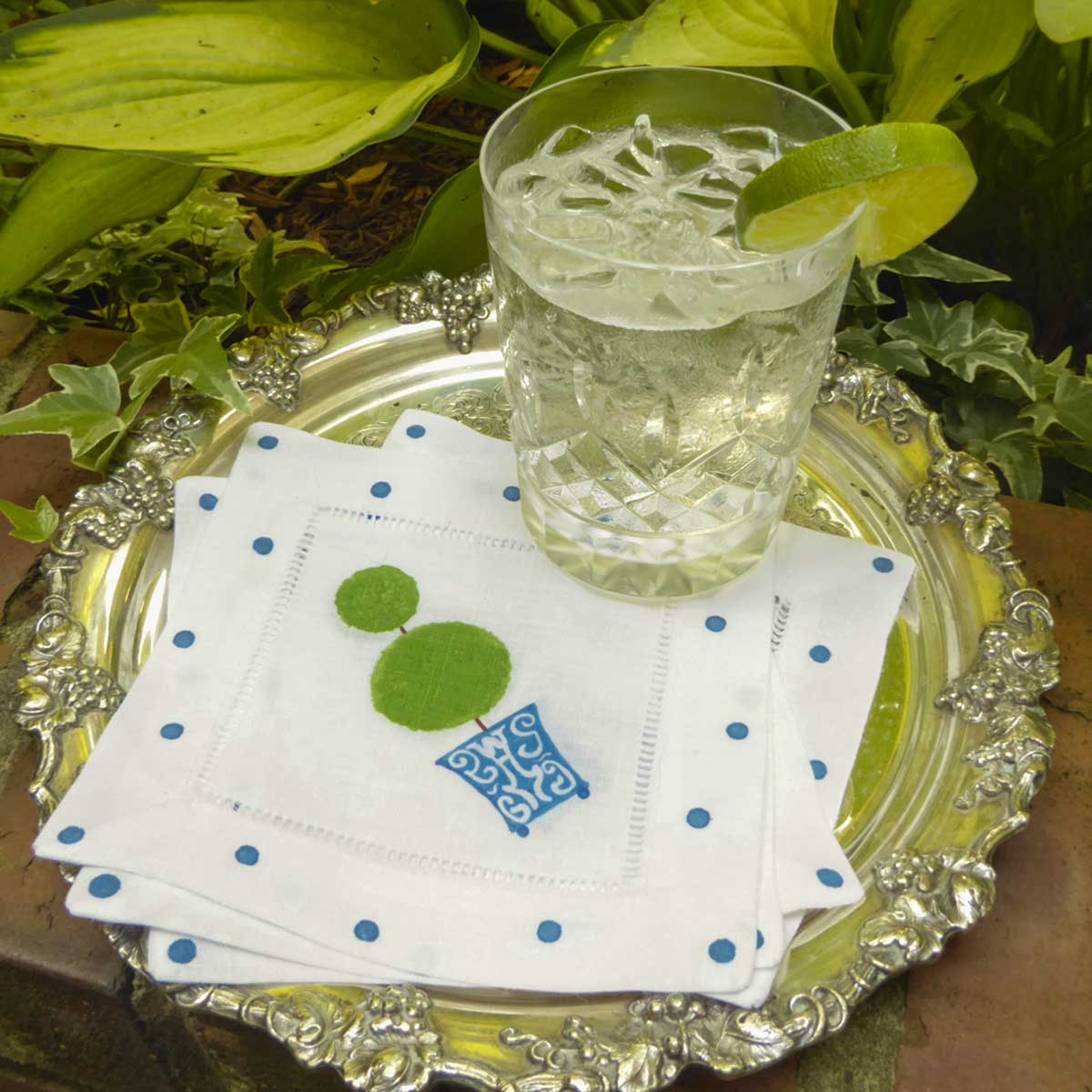 Green Topiary Blue Chinoiserie Cocktail Napkins *set of 4*
