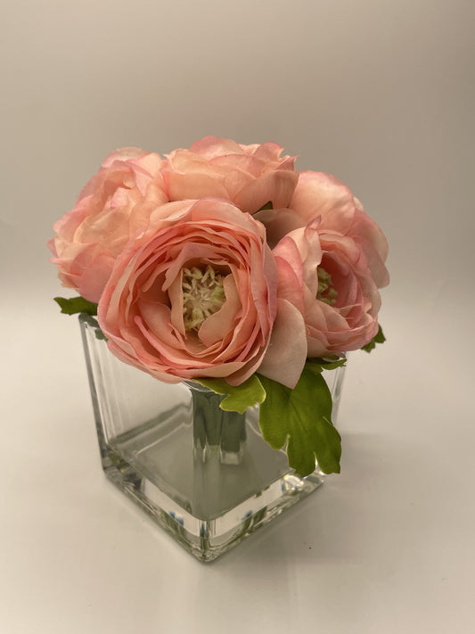 7" Artificial Lt Pink Ranunculus fixed in Glass Cube