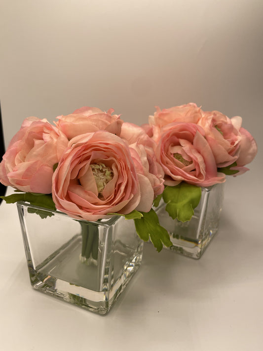 7" Artificial Lt Pink Ranunculus fixed in Glass Cube