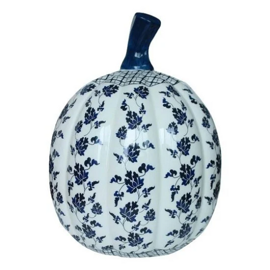 Large Blue and White Floral Pumpkin