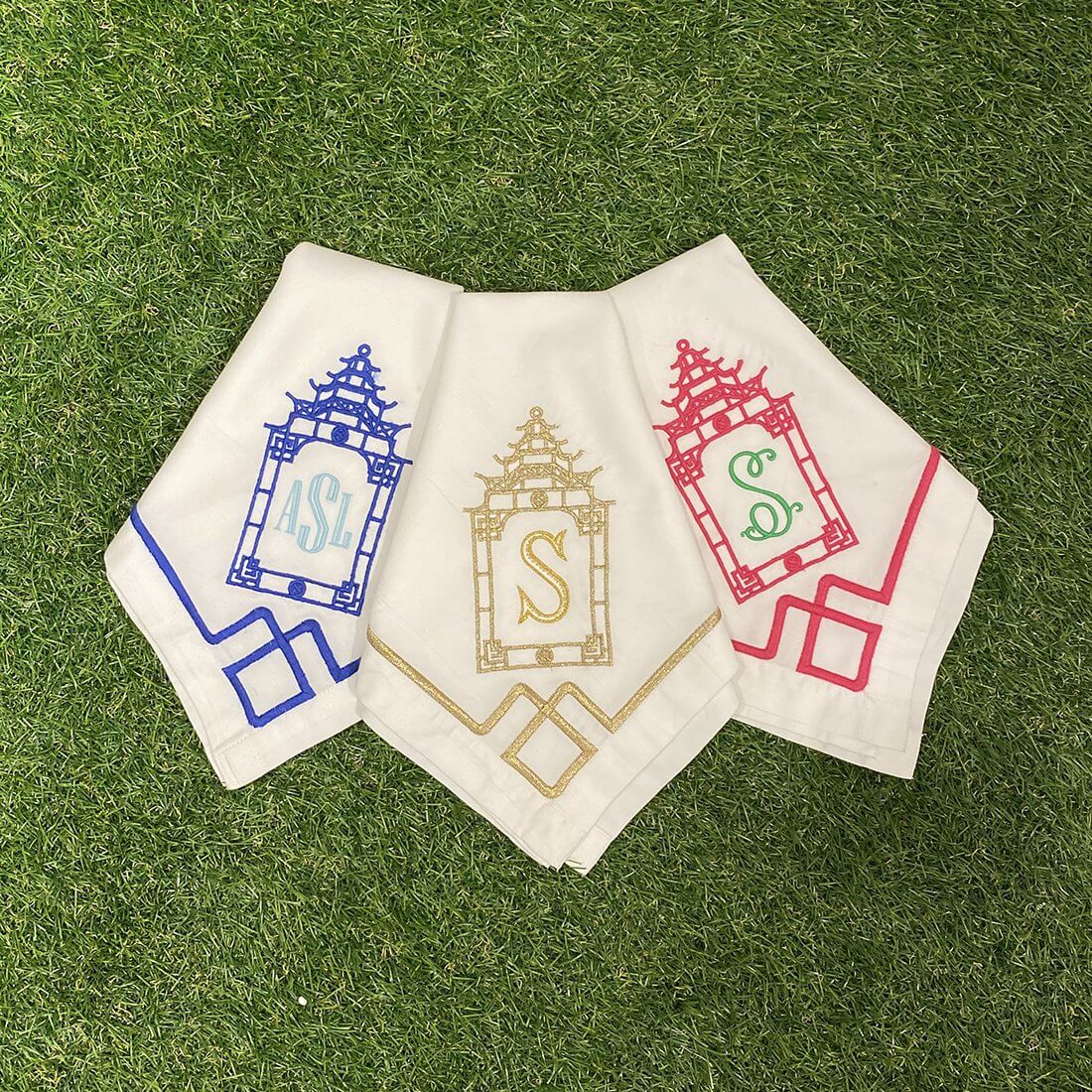 Monogram Trellis Embroidery Blue Pagoda Napkins - Set of 2