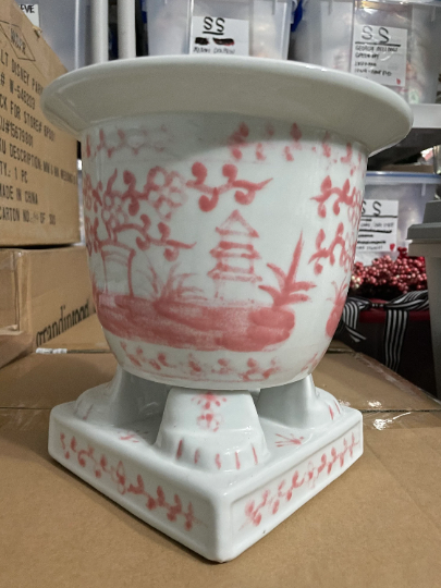 Hand-Painted Footed Porcelain Planter in Pink