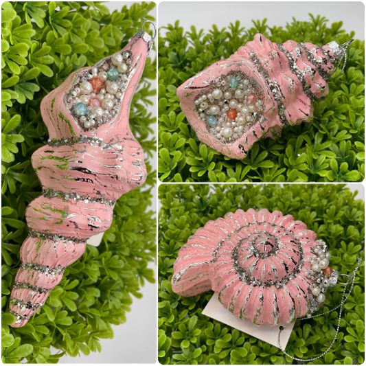 Pink Glitter And Pearl Seashell Ornaments