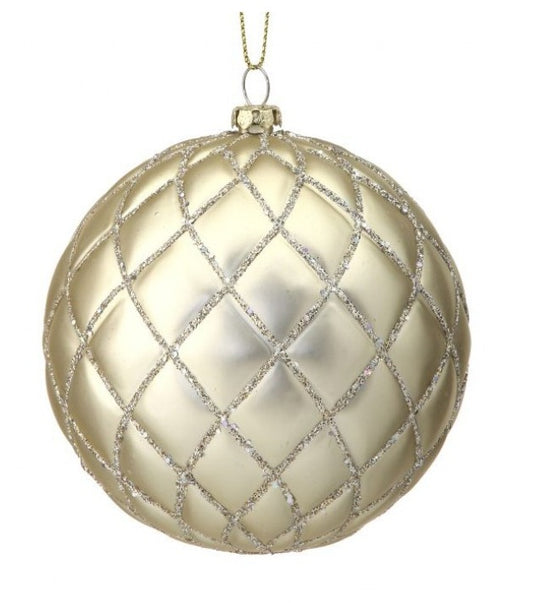 Quilted Matte Glitter Net Ball Ornament in Champagne