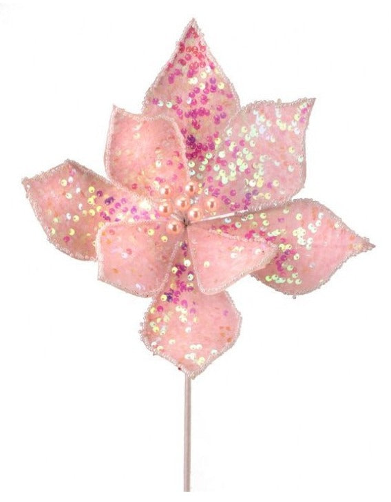 Pink Poinsettia Stem with Glitter and Sequins