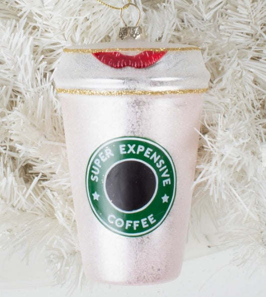 Pink Glass "Super Expensive Coffee" Ornament