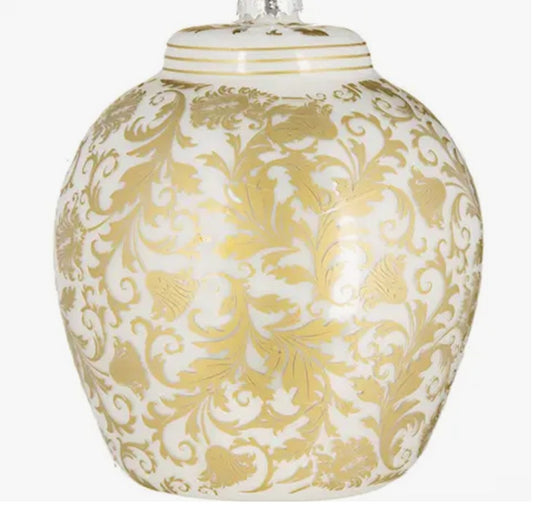 White & Gold Floral Flat-Top Ginger Jar Ornament