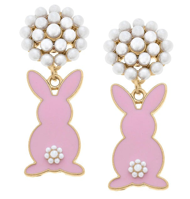 Allie Easter Bunny Pearl Cluster Enamel Earrings in Pink