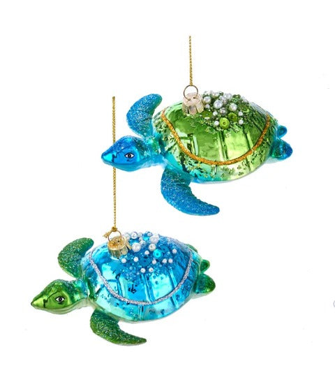 Blue and Green Sea Turtle Glass Ornaments, 2 Assorted