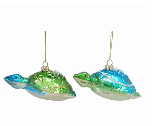 Blue and Green Sea Turtle Glass Ornaments, 2 Assorted