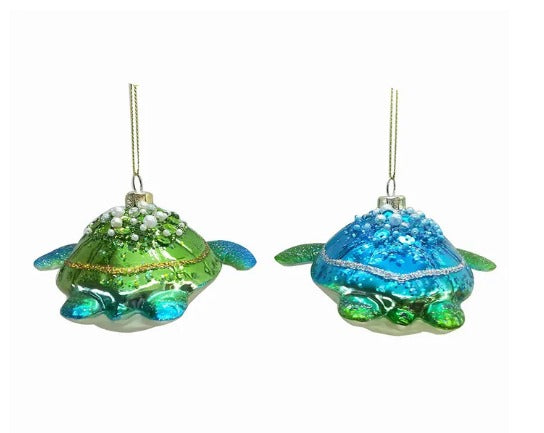 Blue and Green Sea Turtle Glass Ornaments, 2 Assorted