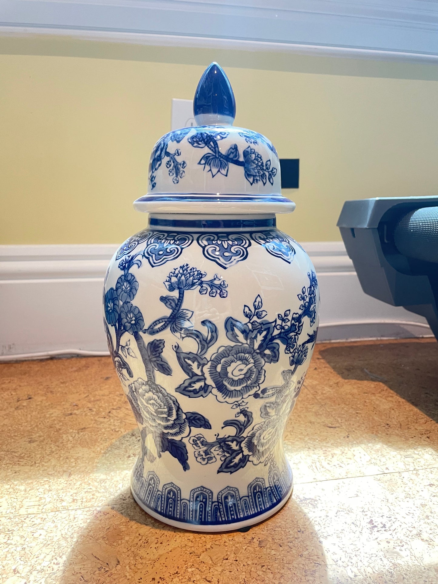White & Blue Floral w/ Birds Hand Painted Ginger Jars