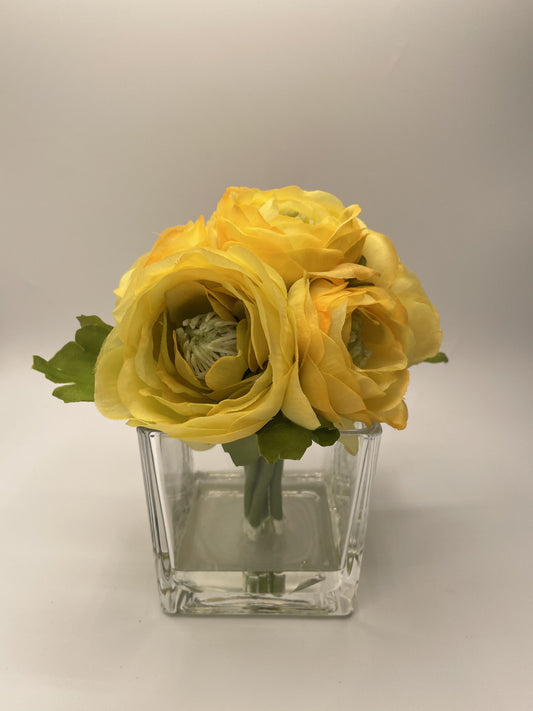7" Artificial Yellow Ranunculus fixed in Glass Cube