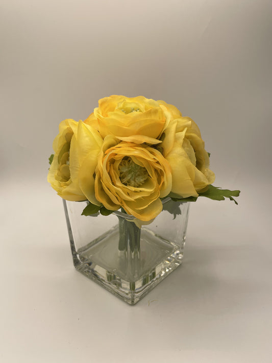 7" Artificial Yellow Ranunculus fixed in Glass Cube