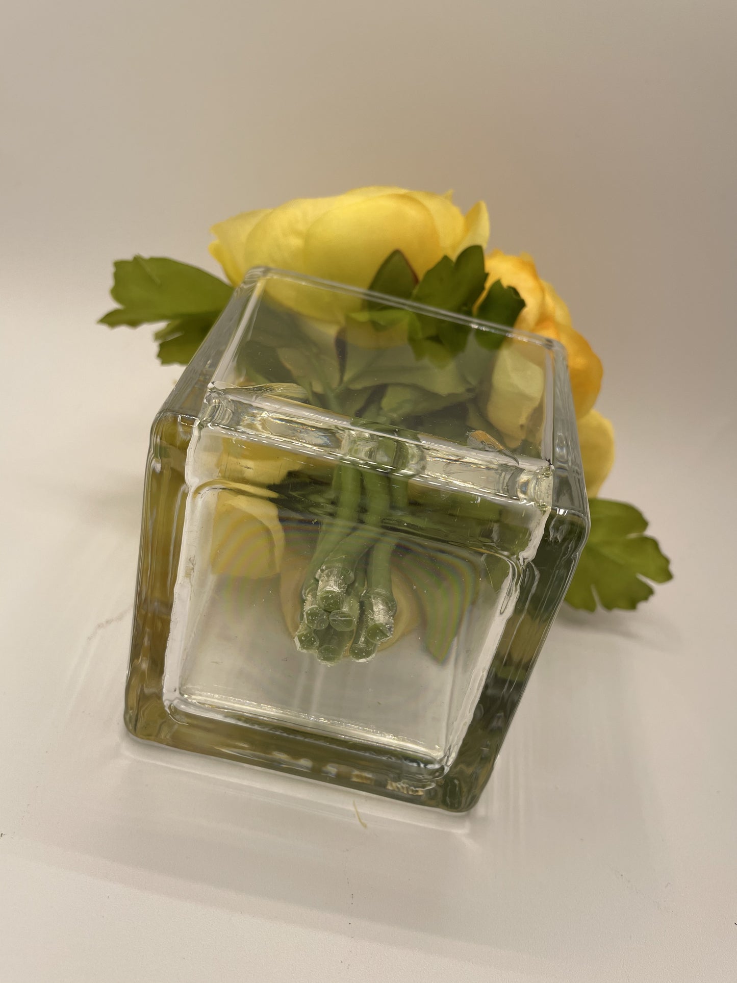 7" Artificial Yellow Ranunculus fixed in Glass Cube