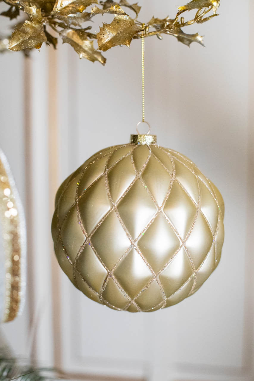 Quilted Matte Glitter Net Ball Ornament in Champagne