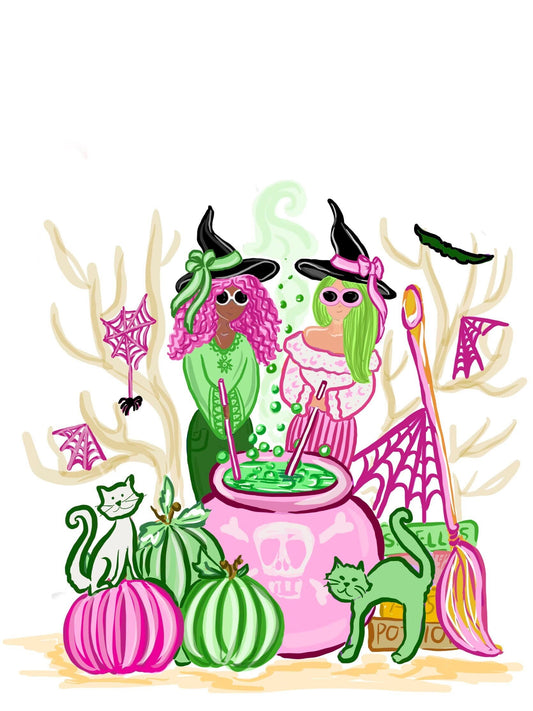 SALE! Kids FTL Pink & Green Witches Halloween Girls Illustration Shirts