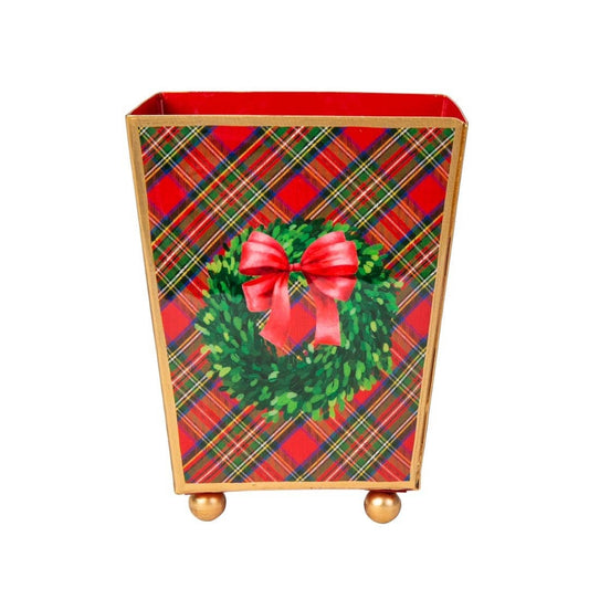 Royal Tartan Boxwood Wreath Enameled Square Cachepot 6"