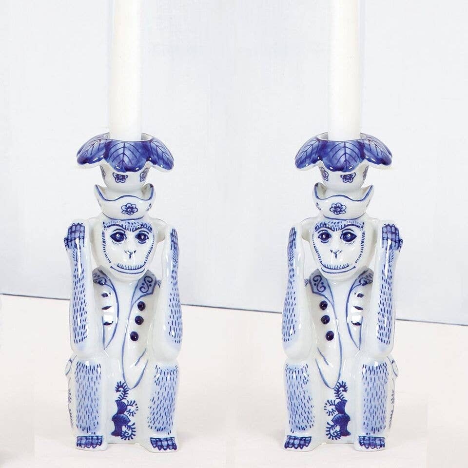 Chinoiserie Monkey Candlesticks- 2pc Set