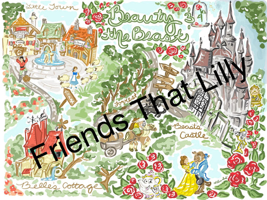 Women's T-Shirts: Beauty and The Beast Map Illustration Design
