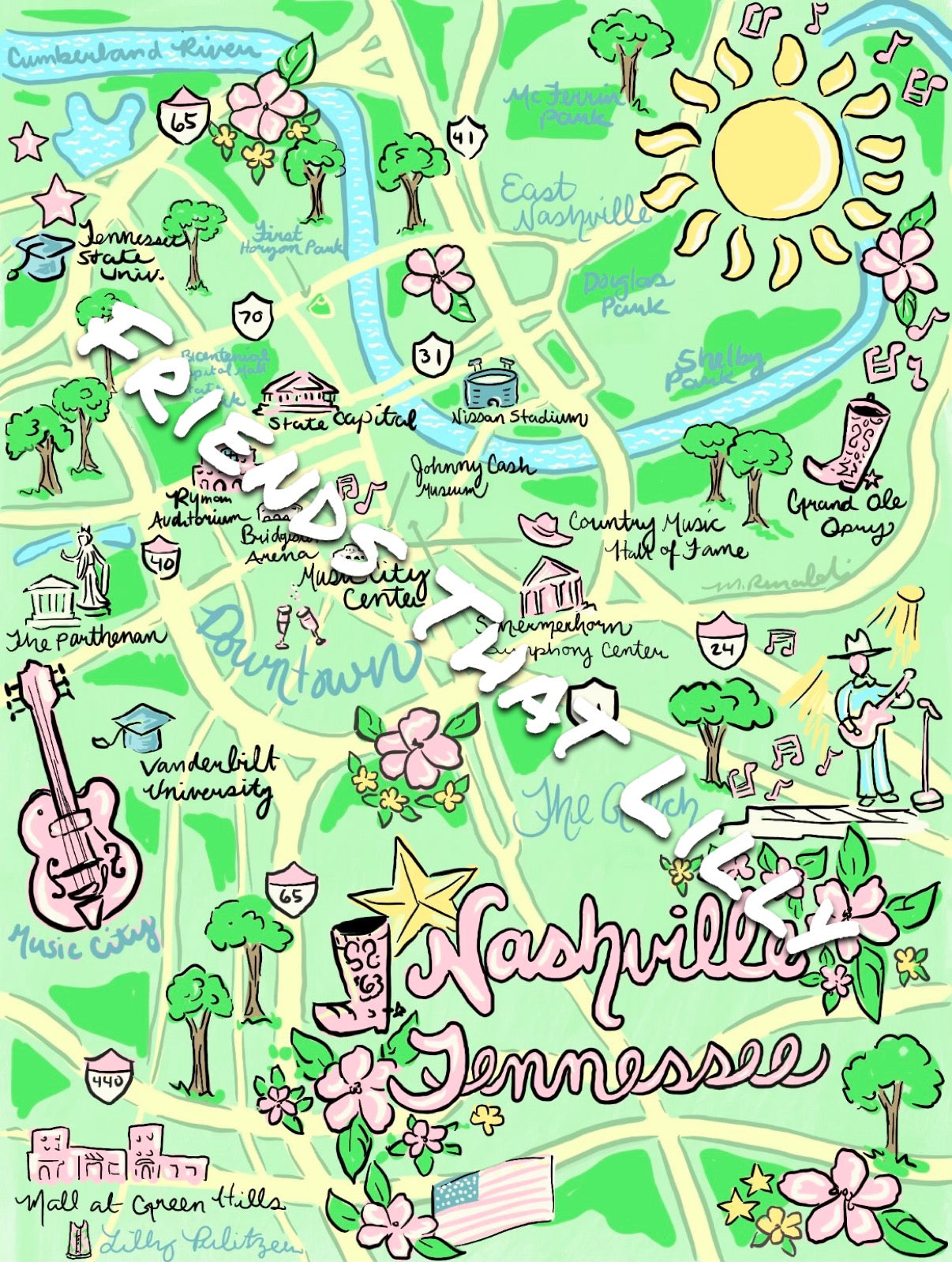 Women's T-Shirts: Nashville, TN Map Illustration Design