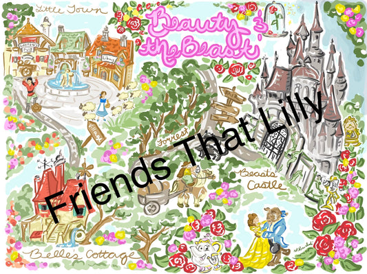 Women's T-Shirts: Beauty and The Beast Map Illustration Design