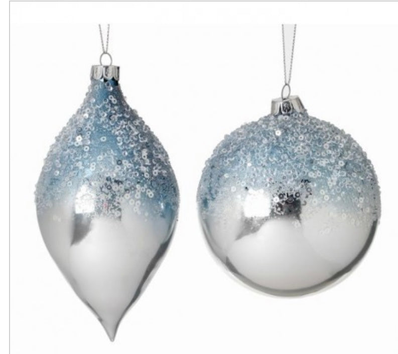 Glass Metallic Ice/Sequin Ornaments Set of 2
