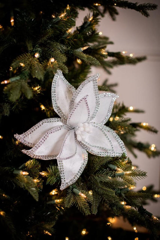 Jeweled Edge Velvet White Poinsettia Stem